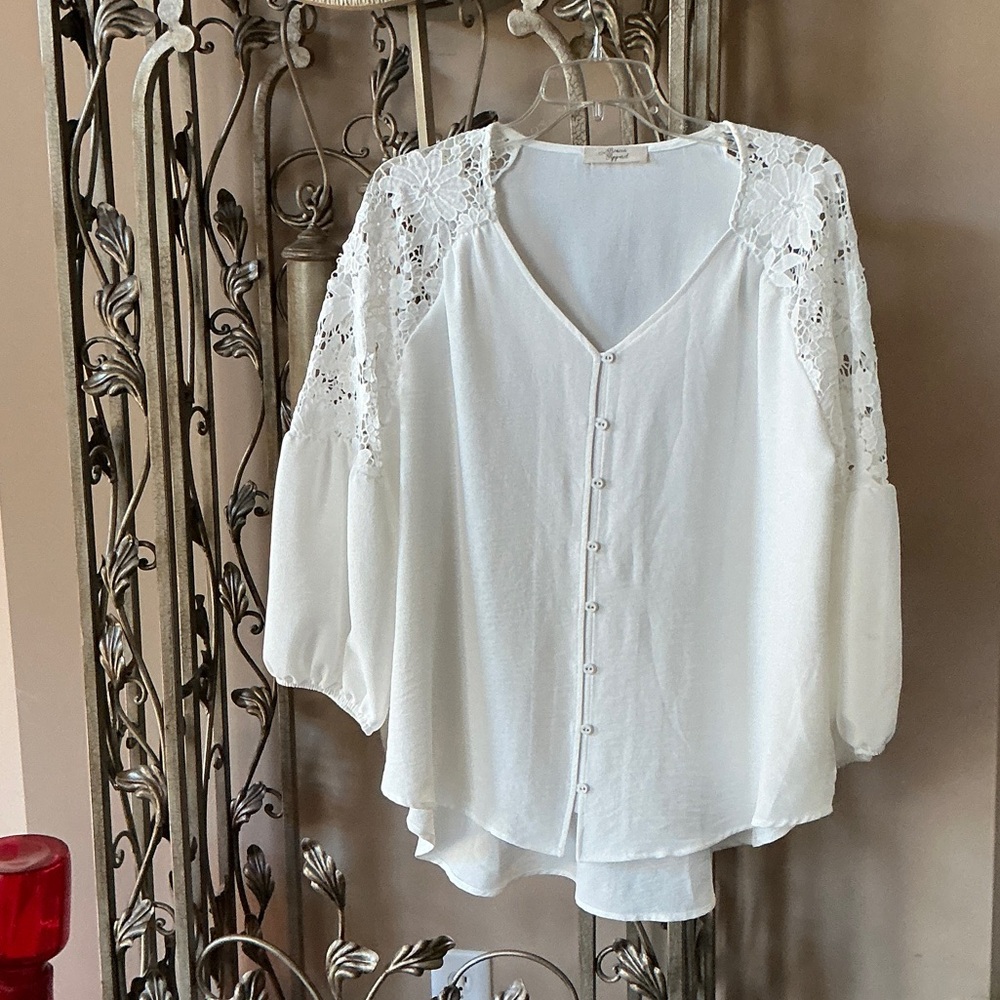 Beacon White Lace Button-Up Blouse